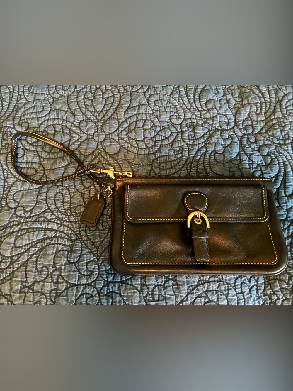 Black Leather Coach Wristlet with Buckle Accent